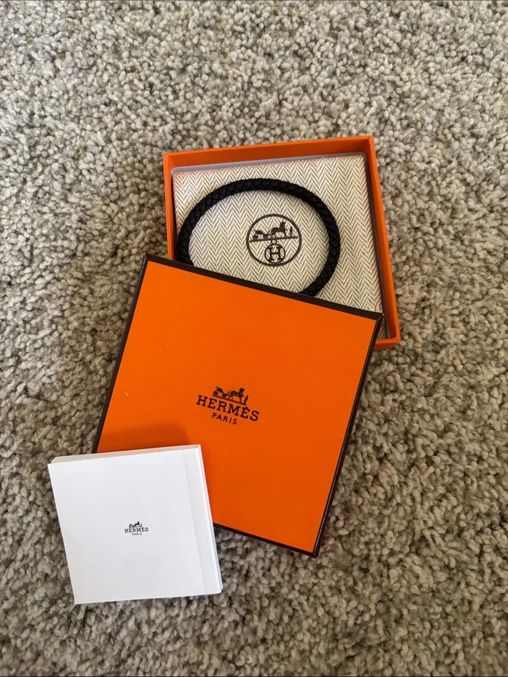 Hermes Black Braided Leather Bracelet with Silver-Tone Clasp